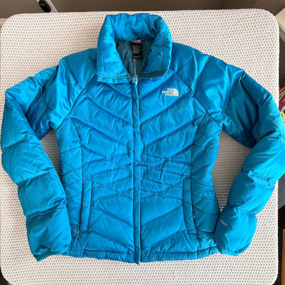 The North Face Womens Down Puffer Coat 550 Fill Full Zip Winter Coat Blue Medium
